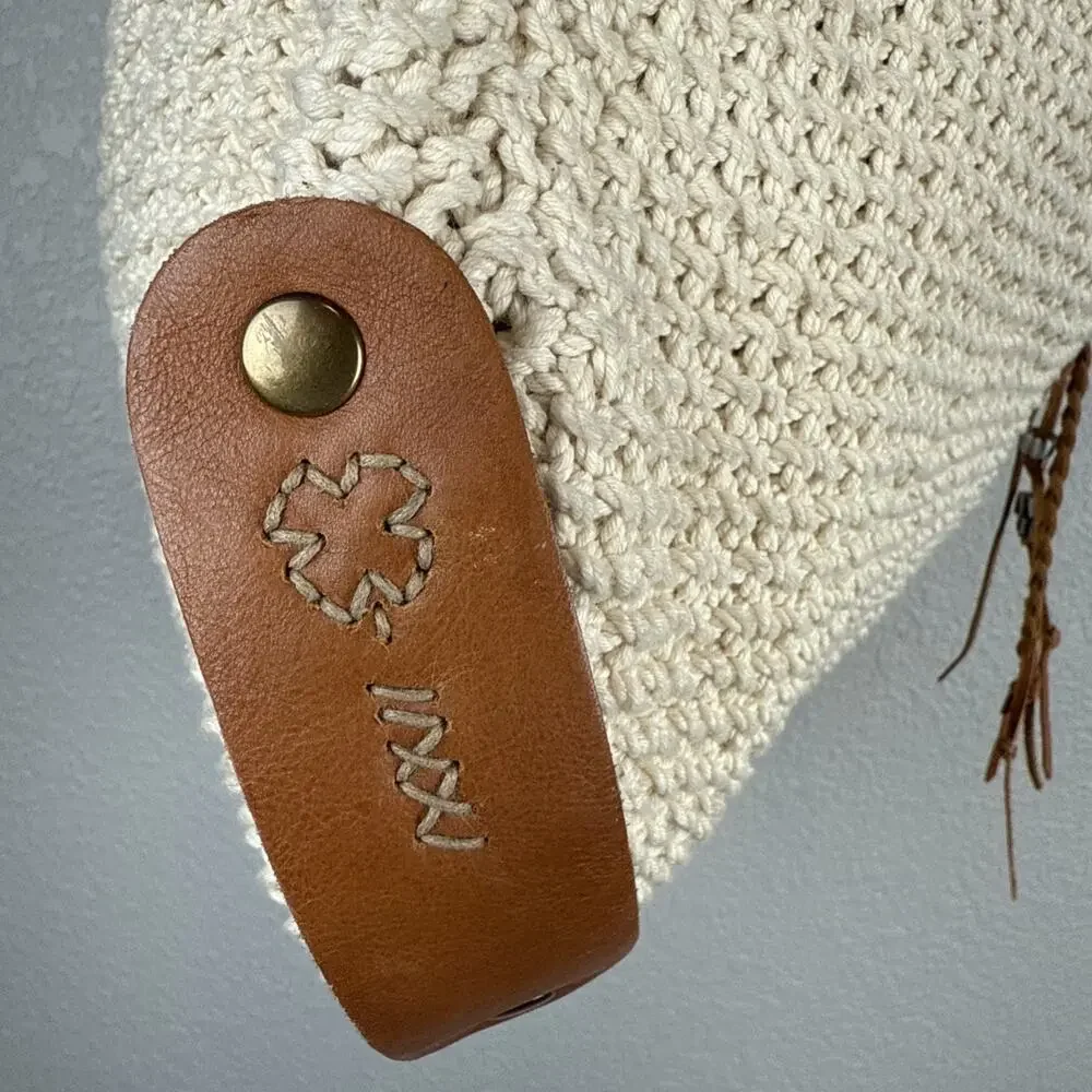 Lucky Brand Ivory Cotton Crochet Leather Trim Boho Hobo Shoulder Bag Purse Tote